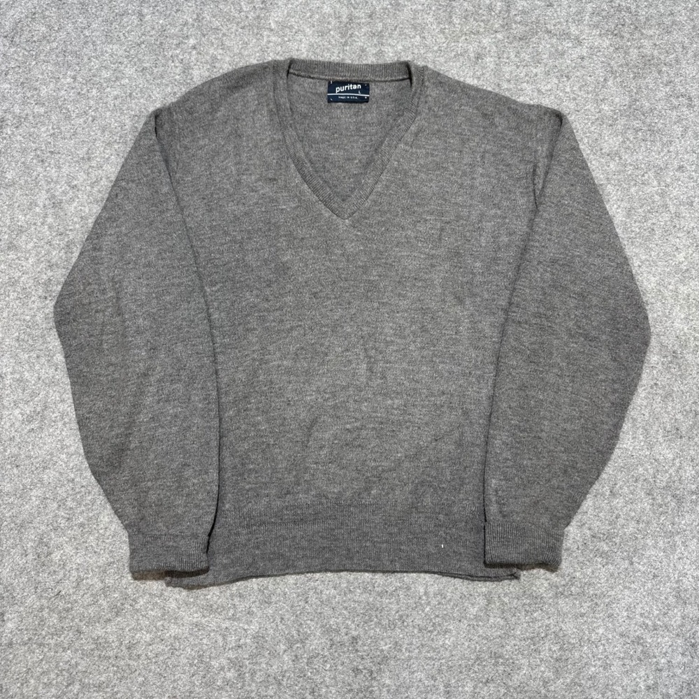 Vintage Puritan Mens Gray V-Neck Sweater Made in USA Size Large Heathered Knit